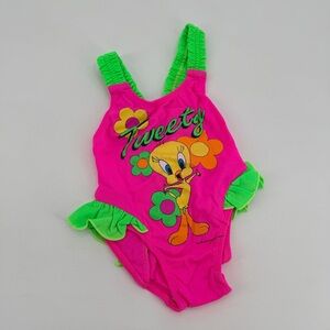 Vintage 90s Tweety Looney Toons Swim Swimsuit Kids Girls 2T FLAW